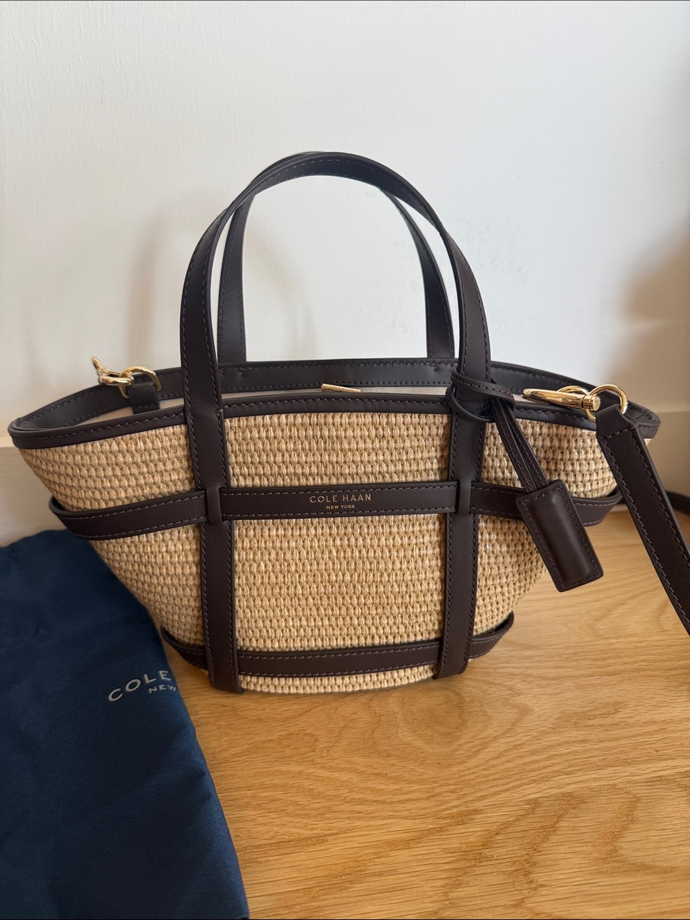 Cole Haan Key West Tote Crossbody - Natural Raffia Dark Chocolate Small